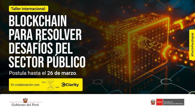 Imágen tecnológica. Muestra luces y conexión con tecnología en muestra de cadenas como el blockchain. Además detalla el nombre del taller y fecha para postular.