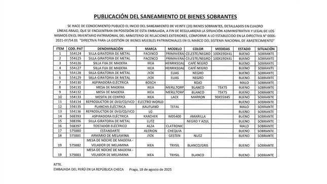 Publicación del saneamiento de bienes sobrantes 
