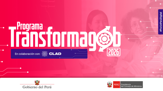 Imagen de portada del Programa Transformagob 2026 con fondo en tono fresa y texto en blanco que muestra el nombre del programa: "Programa Transformagob 2026", junto a los logos de la Presidencia del Consejo de Ministros y los aliados CLAD y CAF.