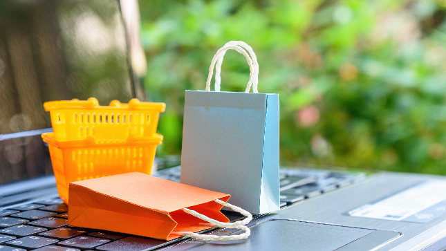 Archivo en PNG de la representación gráfica de compras por Internet, imagen en la que aparece una laptop y sobre su teclado unas cestas de plástico en miniatura, junto a unas mini bolsas de compras vacías, una de color naranja y otra de color celeste. Al fondo desenfocado un cerco de plantas verdes.