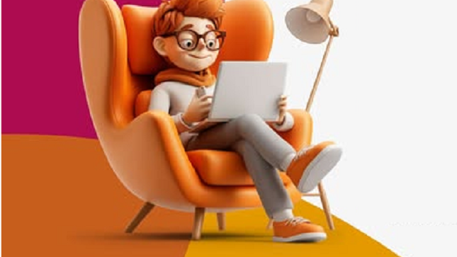 Gráfica representando a una persona mayor, de unos 30 años, está sentada cómodamente en un sillón de tela amarillo escuro, en una sala iluminada por luz natural. Tiene una expresión tranquila y concentrada. En sus manos sostiene una tarjeta bancaria, mientras observa la pantalla de su laptop que descansa sobre sus piernas. Lleva puestos unos lentes y viste ropa sencilla pero elegante. A su lado hay una taza de café y una libreta con anotaciones. Está realizando una compra en línea, revisando cuidadosamente los detalles antes de confirmar. La escena transmite seguridad, autonomía y confianza en el uso de la tecnología.