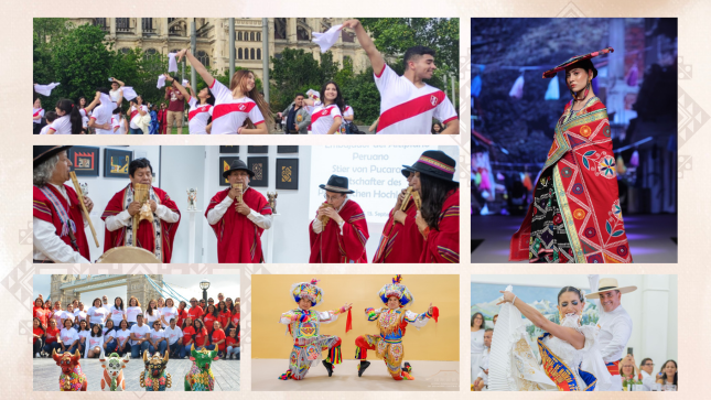 Muestras de representaciones artísticas del Perú que se dieron en distintas partes del mundo. Aparecen un toritos de pucará en el centro rodeados de bailes típicos y más representaciones artísticas.
