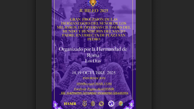 Afiche informativo de la Hermandad del Señor de los Milagros en Roma